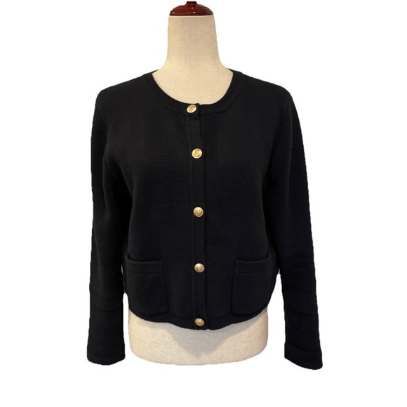 J.Crew Emilie Patch Pocket Lady Jacket Cardigan Black Gold Button BQ197 Sz M - Picture 4 of 9